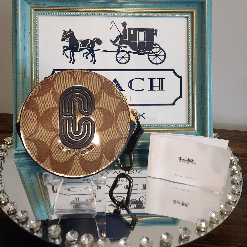 Coach Brown & Tan Signature Round Crossbody Coin Purse - Picture 2 of 7